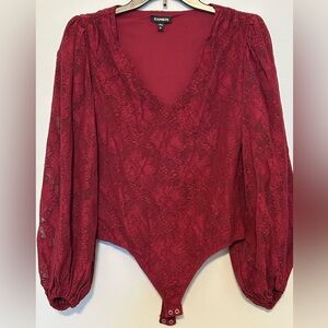 Express Lace V-Neck Bodysuit with Puffy Sleeves